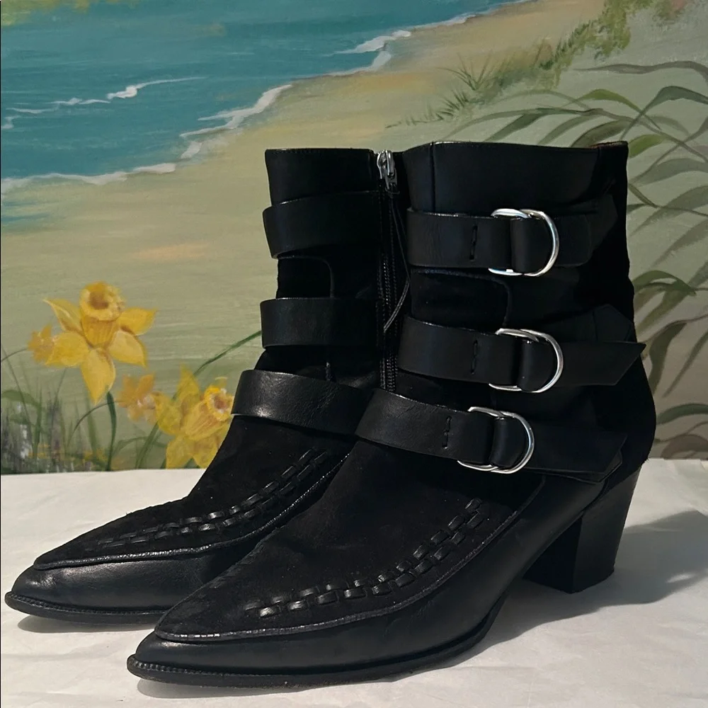 Isabel Marant Black Dickey Suede and Leather Triple Buckle Ankle Booties